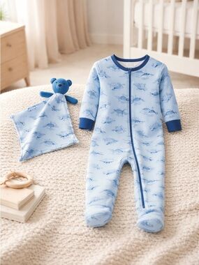 NWT Max & Olivia Baby Boys Snug Fit One Piece with Feet Blue Dinos- 18M
